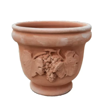 Articolo 12525 Fioriera tonda con grappolo uva e foglie in terracotta